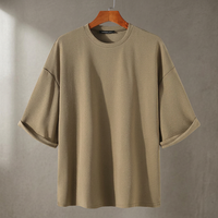 Camiseta de Punto Casual para Hombre, Tallas Grandes, 100% Algodón, Tejido Grueso, Color Sólido, Transpirable, Anti-Pilling, de Alta Calidad y Tendencia