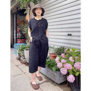 Women's Cotton Linen Two Piece Set Sleeveless Shirt Wide Leg Pants Rose Red Breathable Casual Suit Lw K2 - Product Image 4