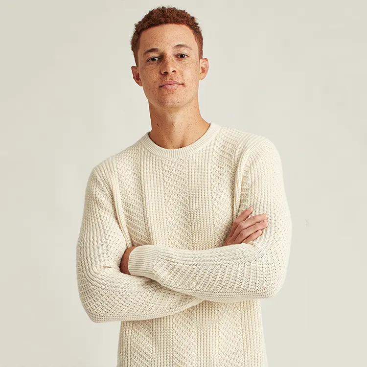Wholesale custom mens long sleeve crewneck knit jumpers sweater solid color thick cable cotton knitted pullover sweaters for men