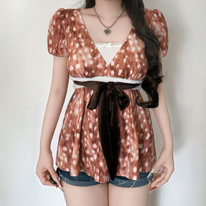 Camiseta de Mujer Casual con Cuello en V y Lazo, Manga Corta, Tejida, Transpirable, Ecológica, de Spandex/Poliéster, con Estampado Animal Dulce - Product Image 4