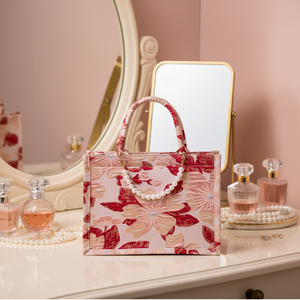 Bolsos de Mano de Lona de Algodón con Estampado Floral en Relieve Rosa de Lujo de Alta Calidad con Perlas para Mujer, Buenas Reseñas, Regalos para Bodas y Día de San Valentín - Product Image 1