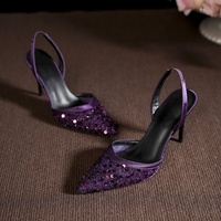 Sandales à talons hauts tendance sexy pour femmes, modèle 2026 OEM ODM, avec talon aiguille violet à sequins, empeigne en maille et fermeture à boucle
