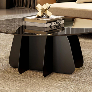 Table basse ronde moderne avec plateau en verre et base en bois brun + buff, meubles décoratifs pour salon - Product Image 6