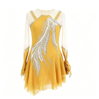 Robe de patinage artistique jaune doré à manches longues en maille avec strass, jupe irrégulière pour enfants et adultes, pour compétition et performance