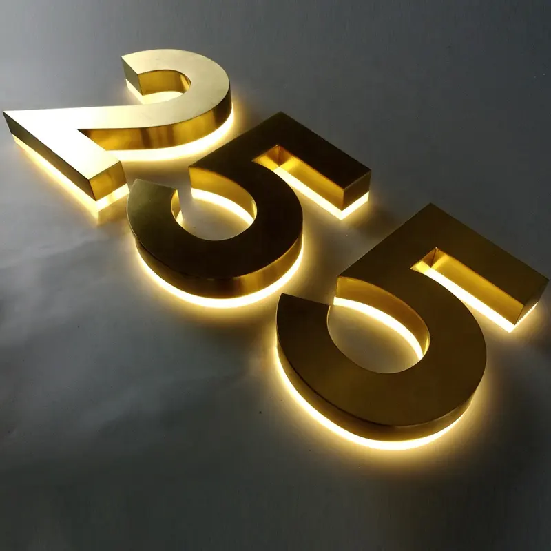 Signo de número iluminado de acrílico retroiluminado de acero inoxidable dorado, letrero de letra 3D Led personalizado, señalización electrónica