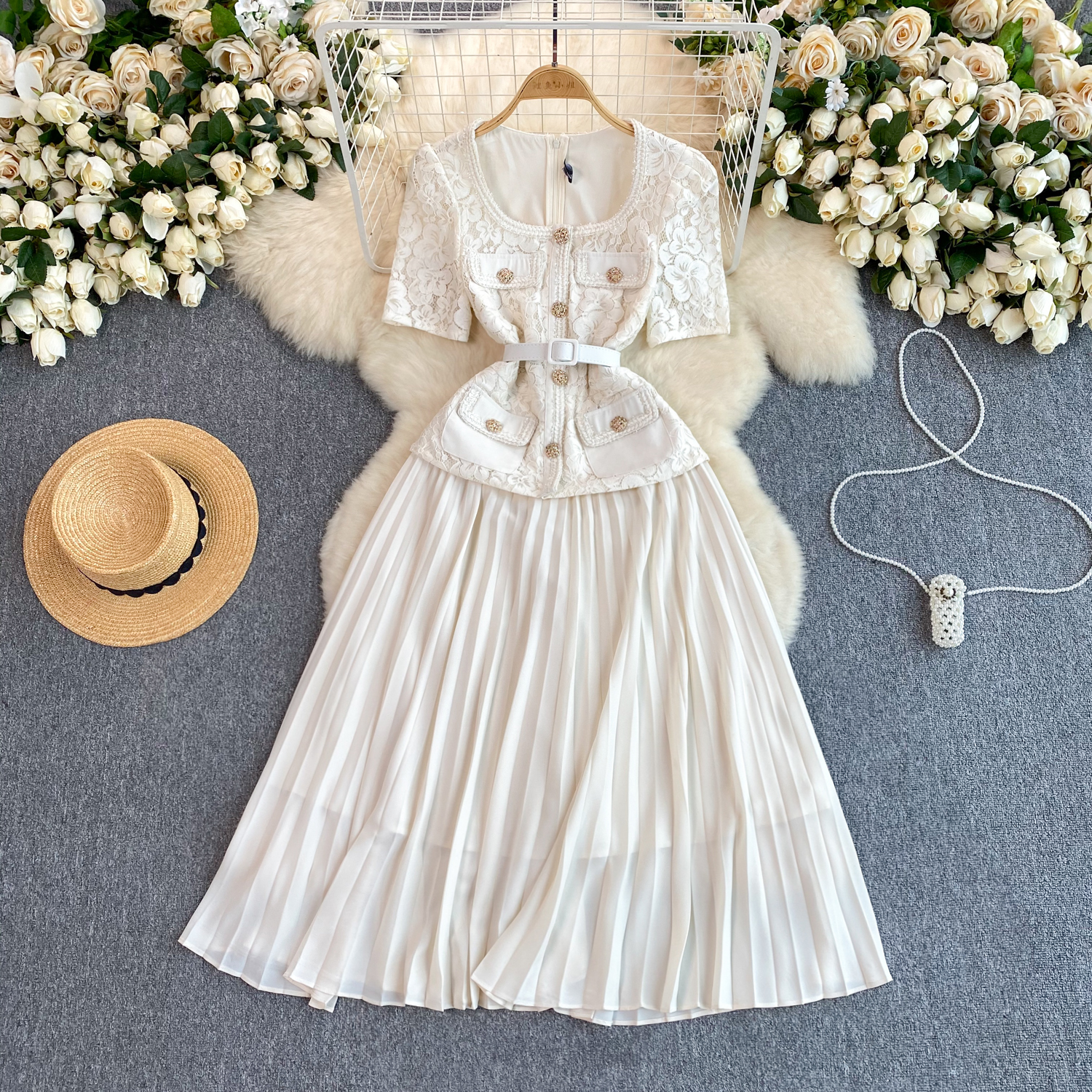 Plus Size Roman Square Collar Pleated Midi Dress For Women Empire Patchwork  Lace Vestidos| Alibaba.com