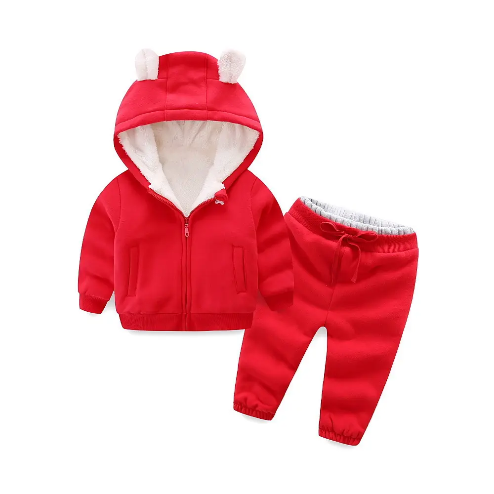 Winter Plush Warm Bear Shaped Lamb Wool Two Pieces Kid's Clothing Set Zipper Hoodie Boys Kids Clothing Sets Winter