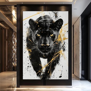 <span class=keywords><strong>Peinture</strong></span> sur toile abstraite moderne Panthère Noire, affiche murale animale de luxe noir et or pour salon, décoration intérieure personnalisée - Product Image 2