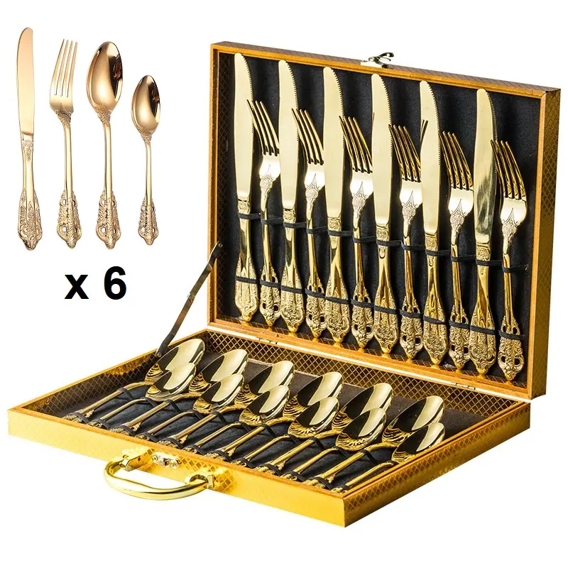 विंटेज बारोक सोने Flatware 24 चम्मच सेट उभरा 304 स्टेनलेस स्टील कटलरी सेट