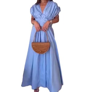 Gran oferta de verano <span class=keywords><strong>en</strong></span> estilo francés hermoso vestido azul con cuello <span class=keywords><strong>en</strong></span> V manga sin espalda Socialite - Product Image 5