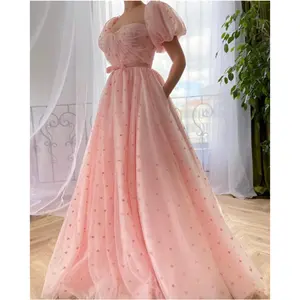 15210# Real Photos Puffy Short Sleeves Pink Hearts Pattern Tulle A-line Evening Dress Party Prom Gown With Belt For Women