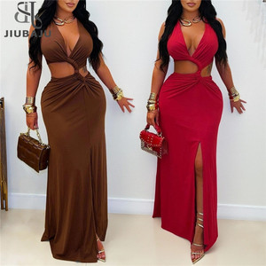 Draw <strong>String</strong> Ruched Evening <strong>Dress</strong> Women Elegant V-neck Sleeveless Cut Out Night Club Party Prom Bodycon Long <strong>Dresses</strong> - Product Image 1