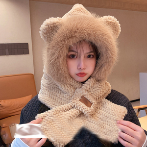 Gorro con protección para los oídos de felpa con orejas de oso bonito al por mayor para mujer, gorro cálido de invierno, bufanda 2 en 1, gorro de esquí para ciclismo - Product Image 3