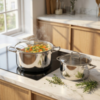 Ensemble de cuisine classique pliable en 6 pièces - Ensemble de casseroles en acier inoxydable de haute qualité avec couvercles en verre.