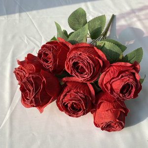 Fleur artificielle Meiyuan à 7 têtes, rose à bords brûlés, style rétro américain, pour décoration de mariage et de maison - Product Image 4
