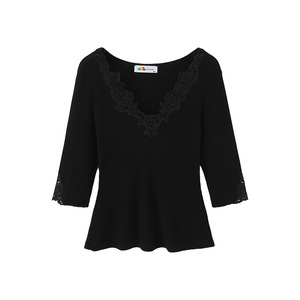 Runqi - Top de Punto con Cuello en V y Encaje para Mujer, Manga Tres Cuartos, Corte Ajustado, Suave, Talla Grande, Moda Primavera - Product Image 1