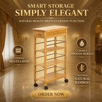 Carrito Rodante de Bambú Natural de 4 Niveles con Cajón, Organizador de Almacenamiento Móvil para Cocina, Baño, Despensa y Herramientas