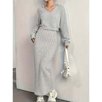 Ensemble robe en tricot côtelé noir uni JOYSONS pour femme, tenue pull à manches longues, col en V, coupe régulière, longueur midi, 320g, décontracté