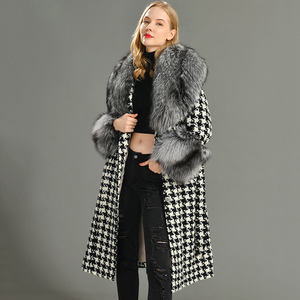 عالية الجودة النساء الصوفية معطف فاخر الثعلب الفضي طوق الفراء الصوف تغطية المرأة الاحزمة الطويلة الصوفية معطف - Product Image 2