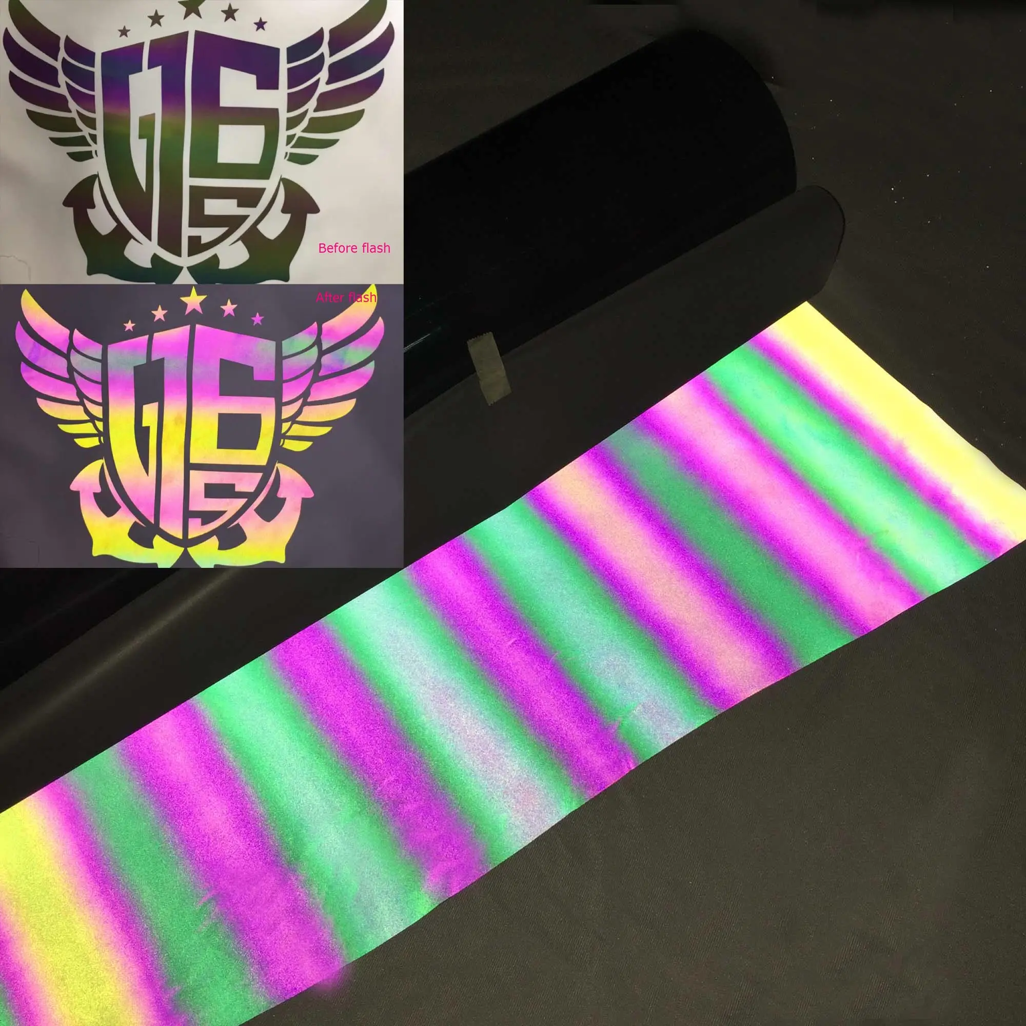 Rollos de tela textil htv, vinilo de transferencia térmica reflectante de Arco Iris para camisetas y ropa