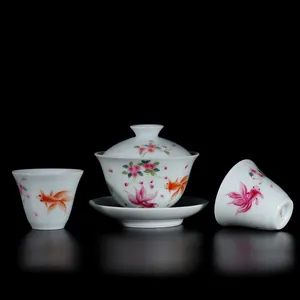 Jingdezhen Zhong's Kiln Chinese Kung Fu Tea Set Porcelain Teacup Hand Paint Colorful Goldfish Ceramic Cover Bowl And Cup Set