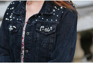 Beliebte Hochwertige Lässige Luxus-Damen-Perlen-Kurz-Denim-Jacke Blaue Langarm-Jeansjacke für Frauen - Product Image 6