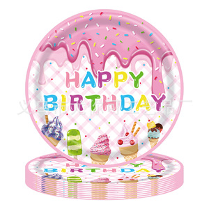Assiettes en papier jetables pour fête d'anniversaire sur le thème des beignets et de la crème glacée d'été, style dessin animé, 8 pouces - Product Image 1