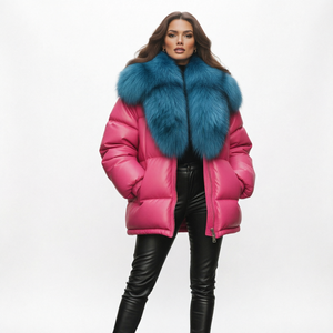 Chaqueta acolchada rosa para mujer con cuello de piel de zorro, abrigo grueso con cremallera, ropa de abrigo cálida para invierno, longitud media - Product Image 1