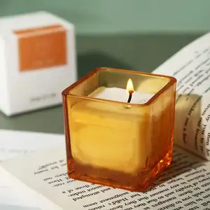 In Stock Popular Home Decor Minimalist DIY Wax Vessel Square Glass Candle Holder Jar With Bamboo Wood Lid