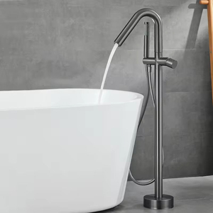 Grifo de Bañera de Lujo Independiente con Montaje en Suelo, Mezclador de <span class=keywords><strong>Baño</strong></span> Moderno de Latón con Caño Giratorio y Set de Ducha de Mano - Product Image 2