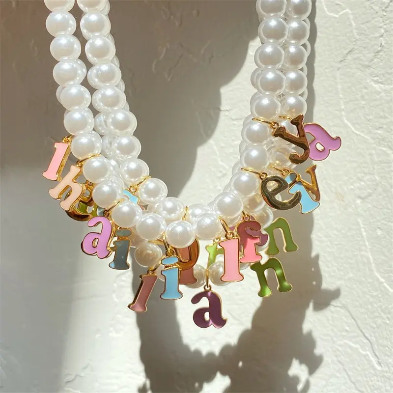 Newest Trendy Jewelry Freshwater Pearl Alphabet Choker Necklaces Colorful Oil Drop Initial Letter Pendant Necklace For Women