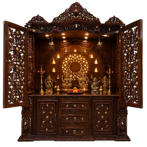 Divine Teak Wood Puja Mandir In <b>Walnut</b> Finish Big Size Solid Wood Mandir With Carved Doors For Home Traditional Home Shrine USA - Product Image 5