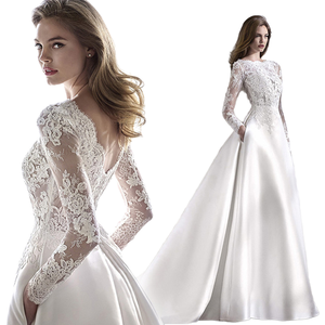 Nuovo arrivo abito da sposa in pizzo francese | Abito da sposa di lusso minimalista abito da sposa a maniche lunghe con tasca a strascico da cappella - Product Image 1