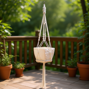 Support de plante en corde de coton, panier suspendu à 4 pieds de 40 pouces pour pot rond ou carré, blanc, fait à la main - Product Image 2