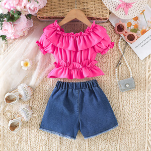 Conjunto de Ropa de Verano para Niñas 2026, Top con Volantes y Hombros Descubiertos, y Shorts de Mezclilla con Forma de Corazón, para Niñas de 2 a 8 Años - Product Image 1