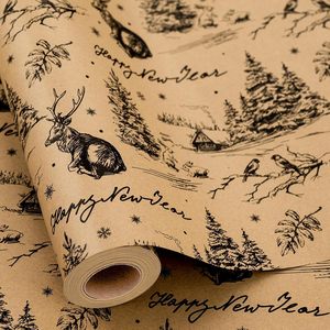 MAYPLUSS Kraft Christmas <b>Wrapping</b> <b>Paper</b> Roll 17 Inch X 33 Feet Vintage Reindeer Tree Bird Print Brown Holiday Gift Wrap - Product Image 1