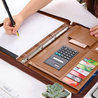 Estuche de archivo de cartera de cuero PU multifunción A4 de lujo con cremallera Carpeta y Calculadora de administrador de logotipo personalizado