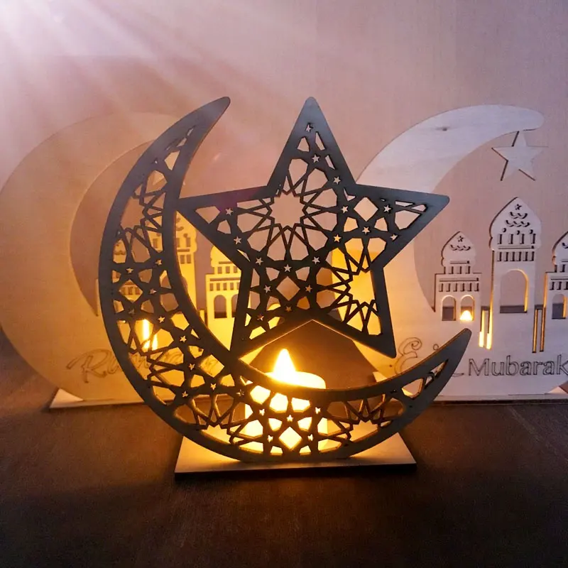 OurWarm 15*15*1cm रमजान लकड़ी ईद मुबारक सजावट रमजान ईद सजावट शिल्प के लिए चंद्रमा सितारा