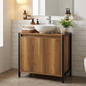 Meuble-lavabo moderne et compact pour <span class=keywords><strong>salle</strong></span> <span class=keywords><strong>de</strong></span> <span class=keywords><strong>bain</strong></span>, finition grain <span class=keywords><strong>de</strong></span> bois, cadre métallique noir, porte coulissante, durable, OEM ODM, pour appartement et hôtel - Product Image 1