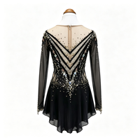 Robe de patinage artistique de luxe noire en maille, manches longues, col en V, avec strass, jupe de danse sur glace pour filles et femmes, tenue de compétition