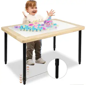 Height-Adjustable Wooden Sensory Table with Lid and Steel Legs, Art Play Table for Kids without Storage Compartments