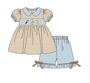 Venta al por mayor bebé niña niños nuevo diseño perro apliques bordado raya ropa conjunto niños personalizado verano fruncido ropa - Product Image 2