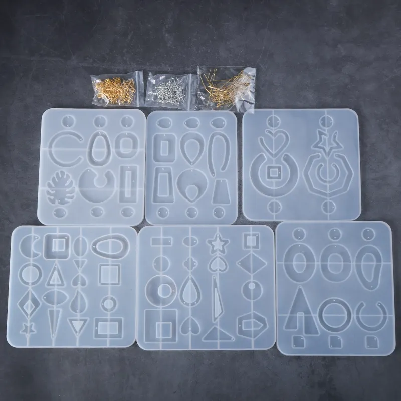 6 Packs Crystal Drop Epoxy Silicone Mold Oorbellen Hanger Mold Met Oorbel Haken Siliconen Hars Mold Hand Maken Tool Set