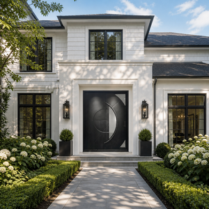 Porta Pivotante Moderna Personalizzata in Acciaio Nero Opaco a Tutta Altezza con Intagli in Vetro Geometrici e Maniglia a C per Case di Lusso - Product Image 2