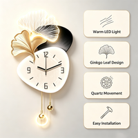 Jam Dinding LED Daun Ginkgo, Jam Pendulum Tanpa Suara, Dekorasi Dinding Mewah Modern dengan Lampu