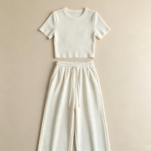 Conjunto Deportivo Informal de Verano 2026 para Niñas, Top Corto de Manga Corta de Color Sólido, <span class=keywords><strong>Pantalones</strong></span> Largos Anchos con Cordón, Conjunto de Dos Piezas - Product Image 2