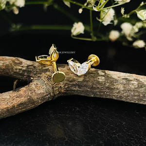 14K Solid Gold Leaf Stud <b>Earrings</b> with Marquise Cut Natural Diamond Rose Gold/White Gold Options Christian Gift - Product Image 3