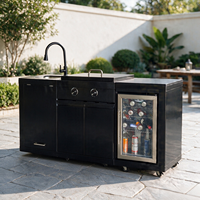 Isla de Cocina Modular de Acero Inoxidable para Exteriores, Estación de Asado Teppanyaki a Gas con Fregadero, Almacenamiento y Nevera para Vino, para Cocinar al Aire Libre