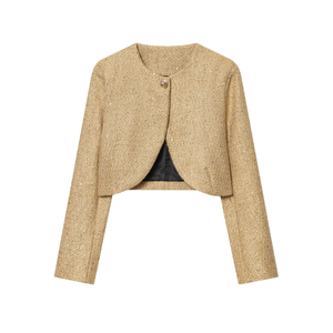 Chaqueta Casual de Mujer con Hilo Metálico y un Solo Botón para Primavera/Otoño, Nueva Moda 2025, Cuello Redondo Retro, Corta - Product Image 1