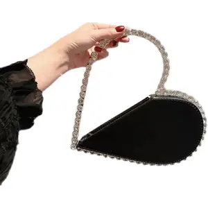 Diamond Red Heart Evening Clutch Purse Women Designer Chic Rhinestone Acrylic Handle Black Handbag For Wedding Party Heart Purse